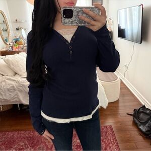 Elena Gilbert vibes Navy Lace Trim Henley Top